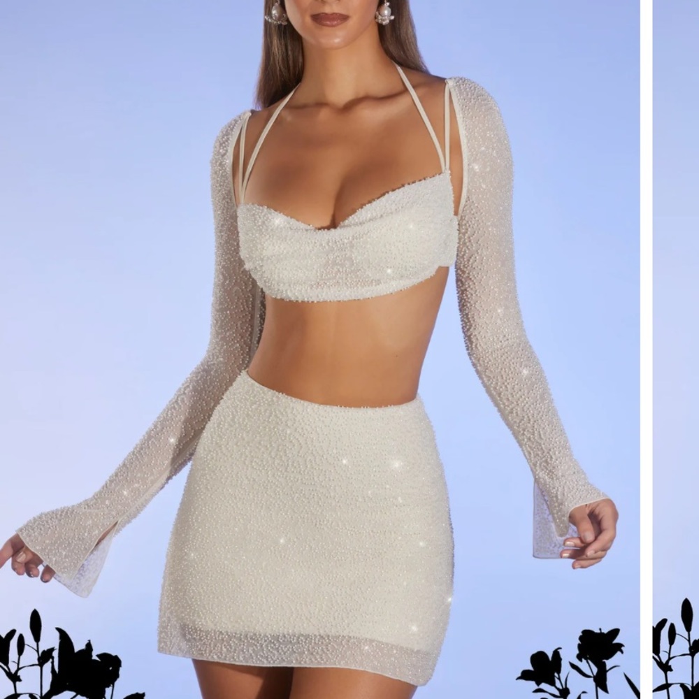 Oh Polly White Beaded Crop Top & Mini Skirt Set